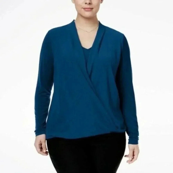 Alfani Tops - Alfani Alf Teal Blue Surplice Wrap Long Sleeve Blouse S